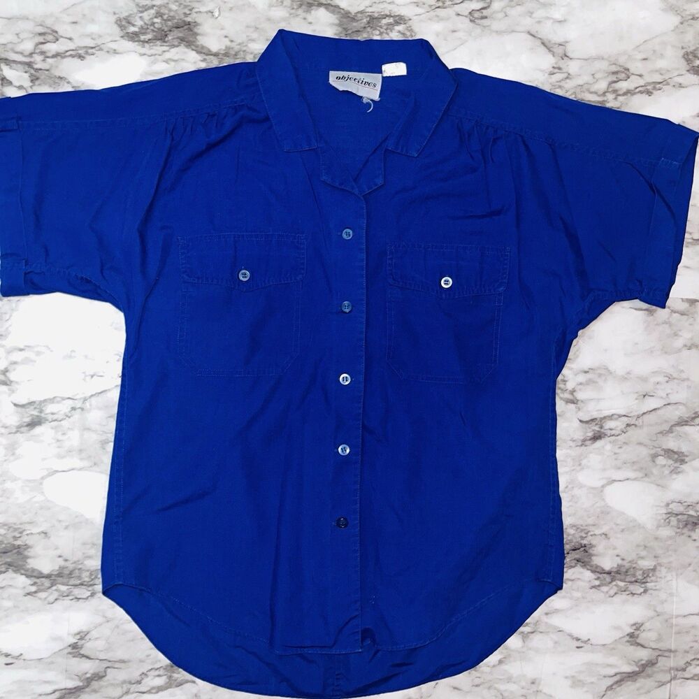 Vintage Objectives Short Sleeve Button Down Top Rolled Sleeves Blue Women 8